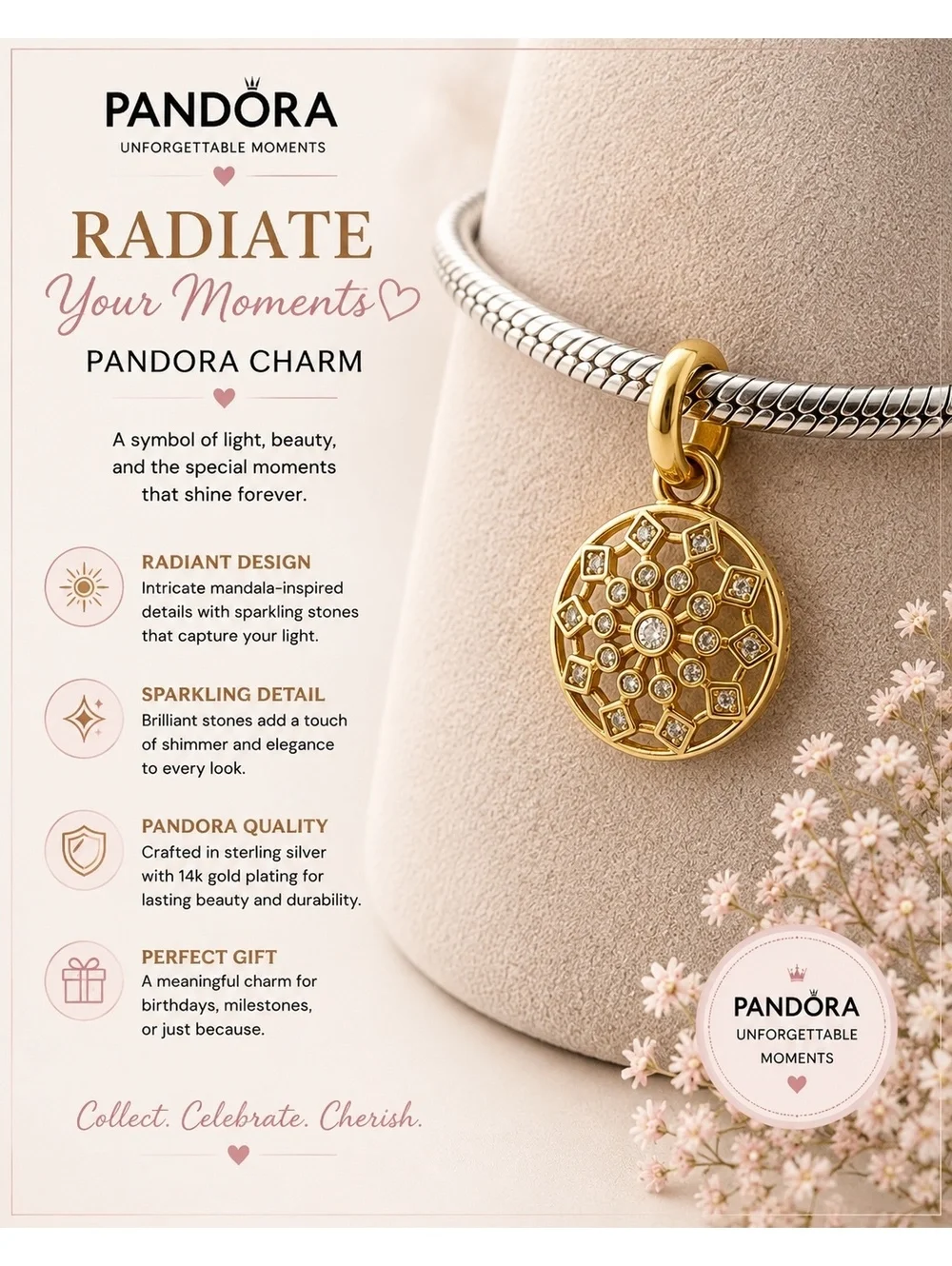 Pandora Radiate Your Moments Gold Plated Charm with Sparkling Stones